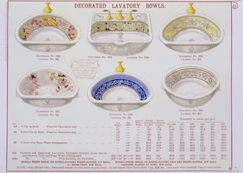 Dekorierte Toilettenschüsseln aus einem Katalog von Sanitärwaren, produziert von Morrison, Ingram & Co., Manchester, veröffentlicht um 1890